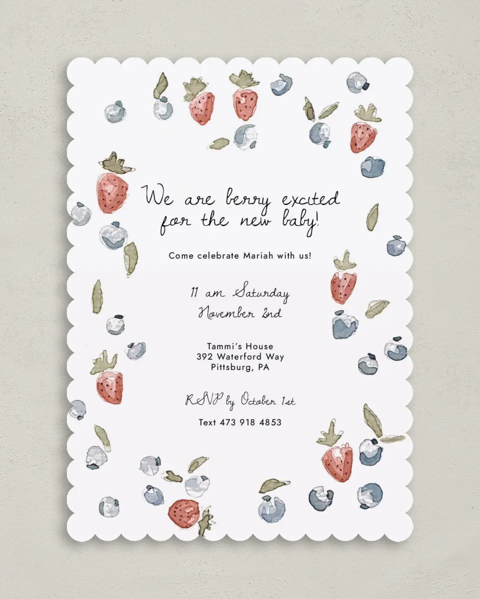 This is a 5" x 7" Baby Shower Invitation called Baby Berries printed in full color on Premium Smooth paper
