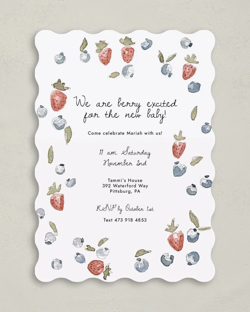 This is a 5" x 7" Baby Shower Invitation called Baby Berries printed in full color on Premium Smooth paper