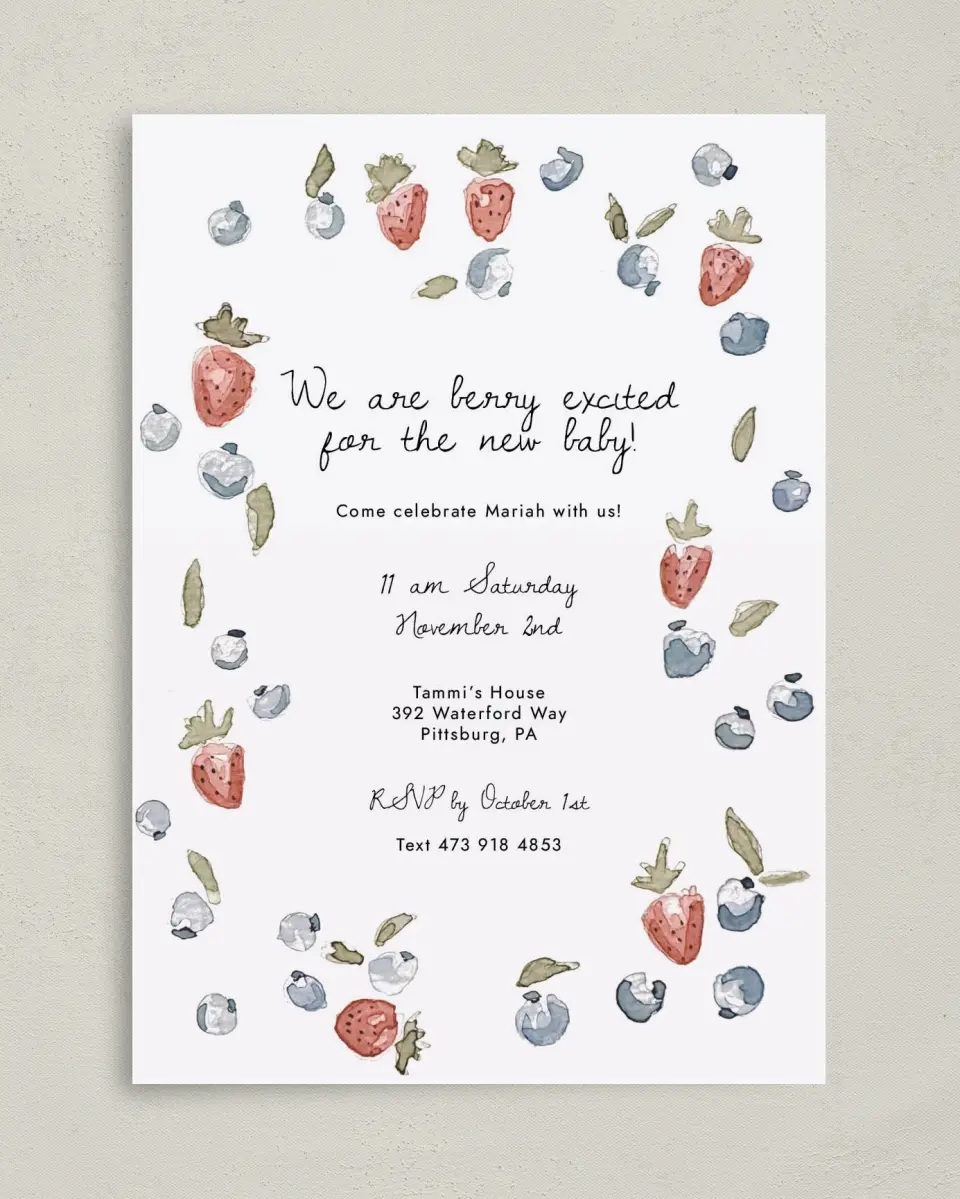 This is a 5" x 7" Baby Shower Invitation called Baby Berries printed in full color with Silver foil on Luxe Satin (coated) paper