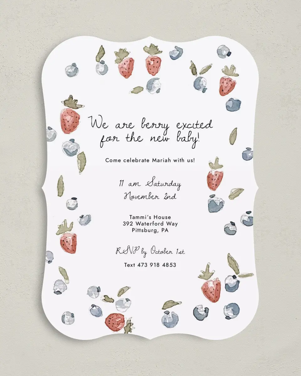 This is a 5" x 7" Baby Shower Invitation called Baby Berries printed in full color on Premium Smooth paper