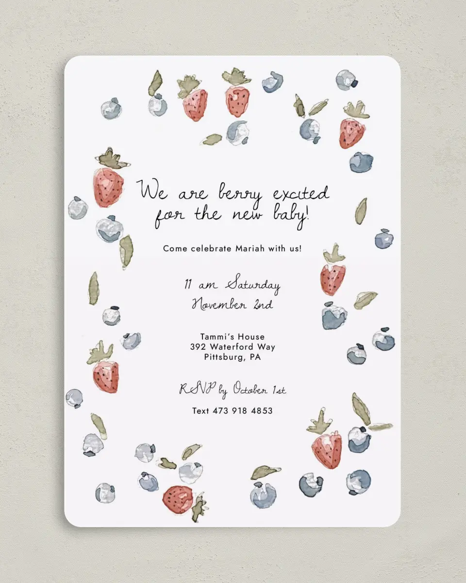 This is a 5" x 7" Baby Shower Invitation called Baby Berries printed in full color on Premium Smooth paper