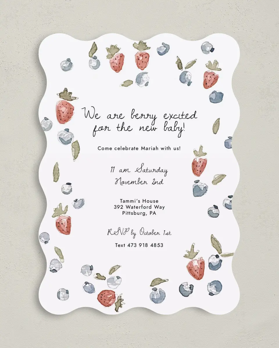 This is a 5" x 7" Baby Shower Invitation called Baby Berries printed in full color on Premium Smooth paper