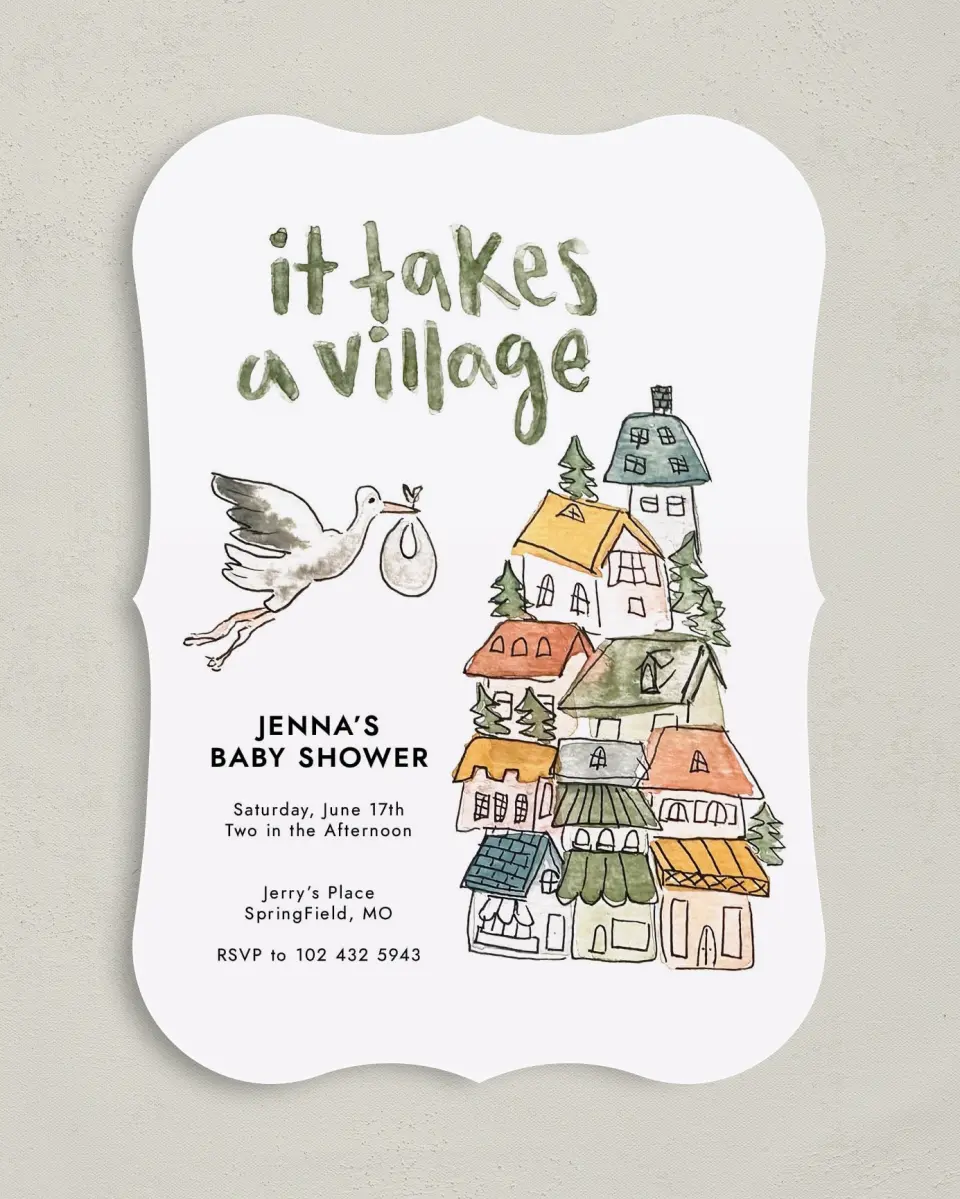 This is a 5" x 7" Baby Shower Invitation called Little Villa Surprise printed in full color on Premium Smooth paper
