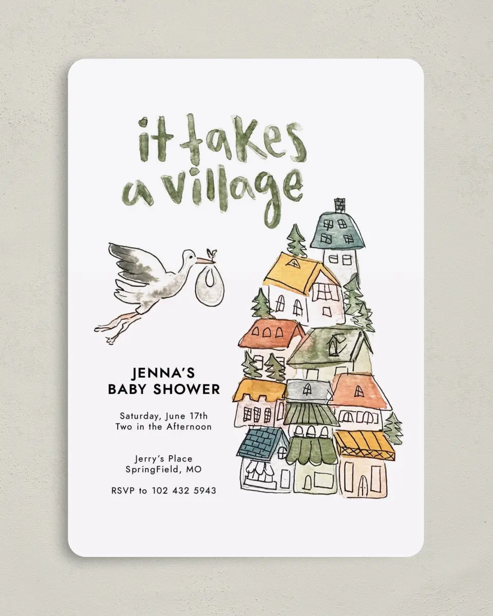 This is a 5" x 7" Baby Shower Invitation called Little Villa Surprise printed in full color on Premium Smooth paper