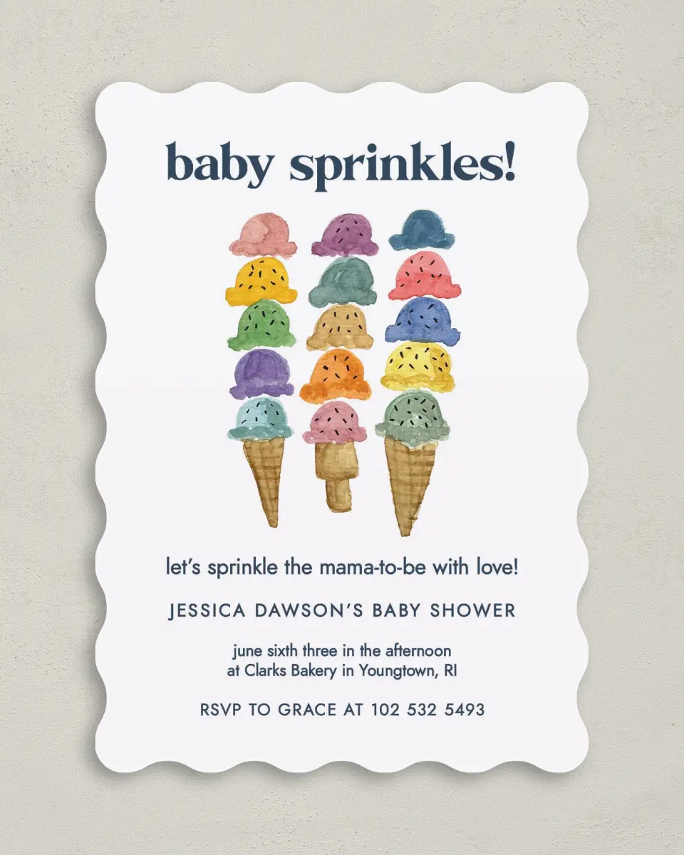 This is a 5" x 7" Baby Shower Invitation called Joy Sprinkles printed in full color on Premium Smooth paper