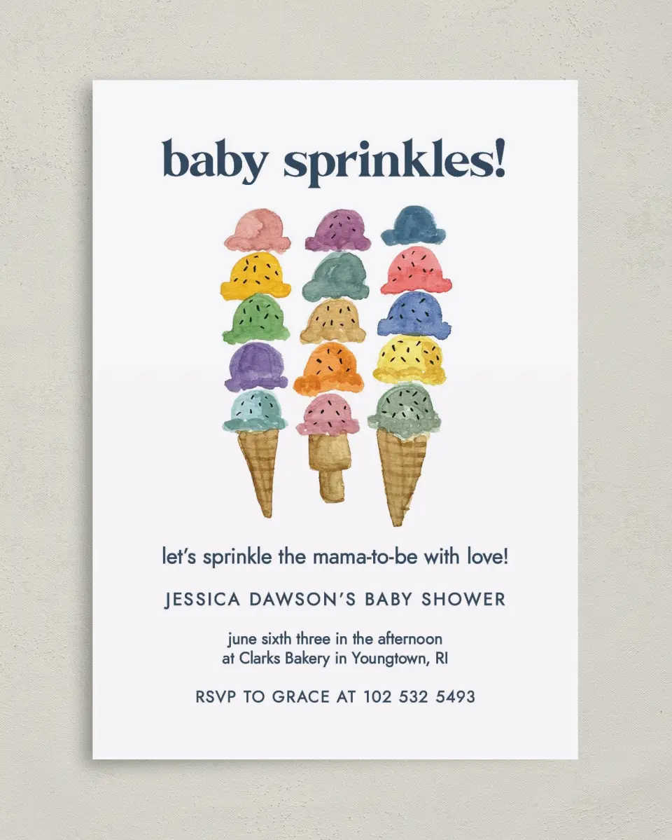 This is a 5" x 7" Baby Shower Invitation called Joy Sprinkles printed in full color on Premium Smooth paper
