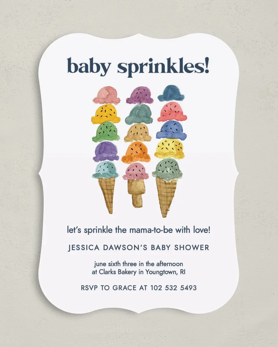 This is a 5" x 7" Baby Shower Invitation called Joy Sprinkles printed in full color on Premium Smooth paper