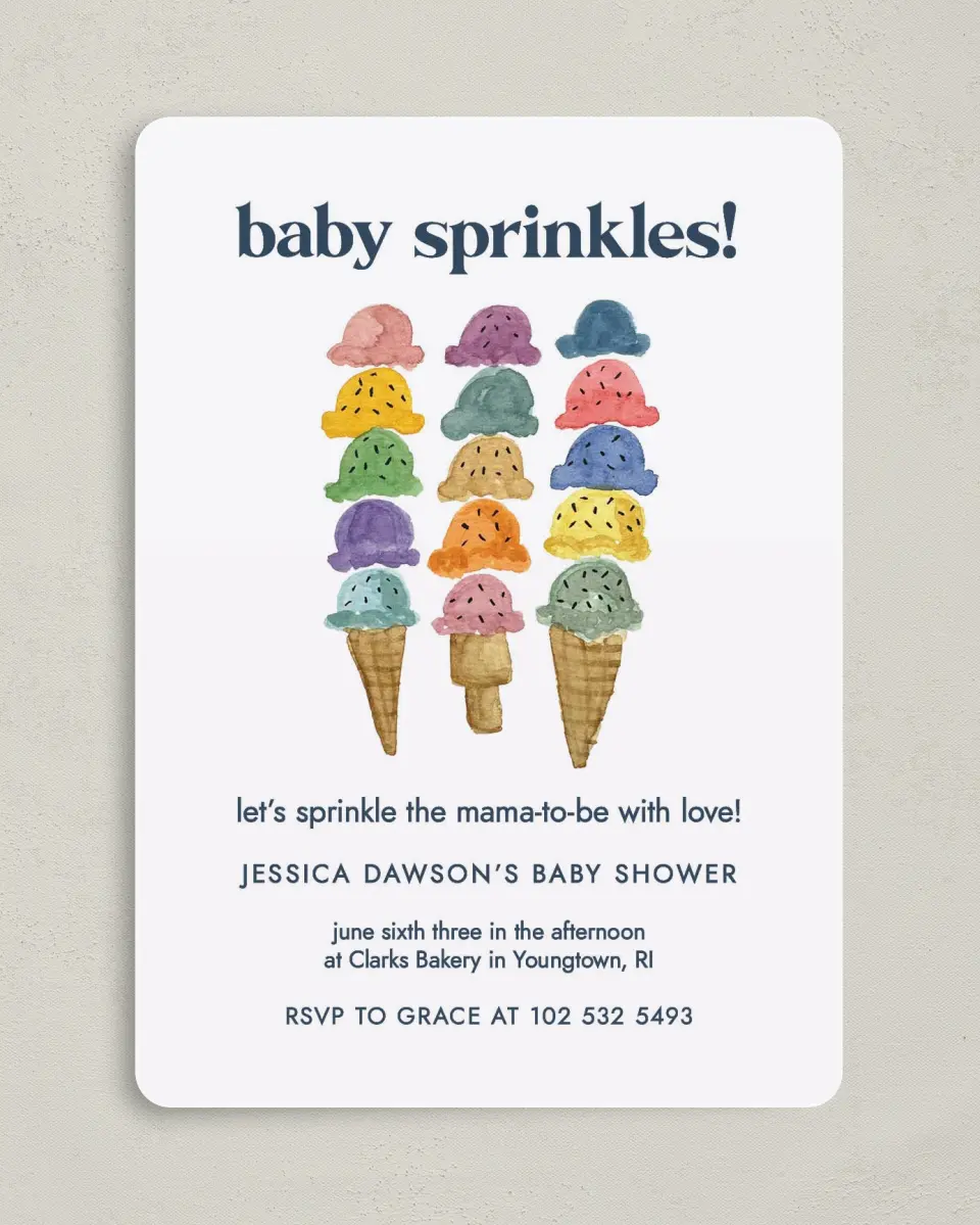 This is a 5" x 7" Baby Shower Invitation called Joy Sprinkles printed in full color on Premium Smooth paper