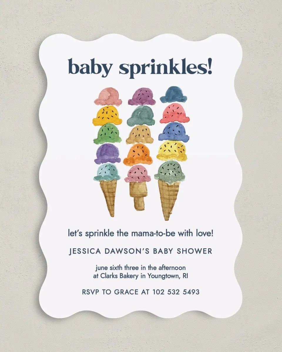 This is a 5" x 7" Baby Shower Invitation called Joy Sprinkles printed in full color on Premium Smooth paper