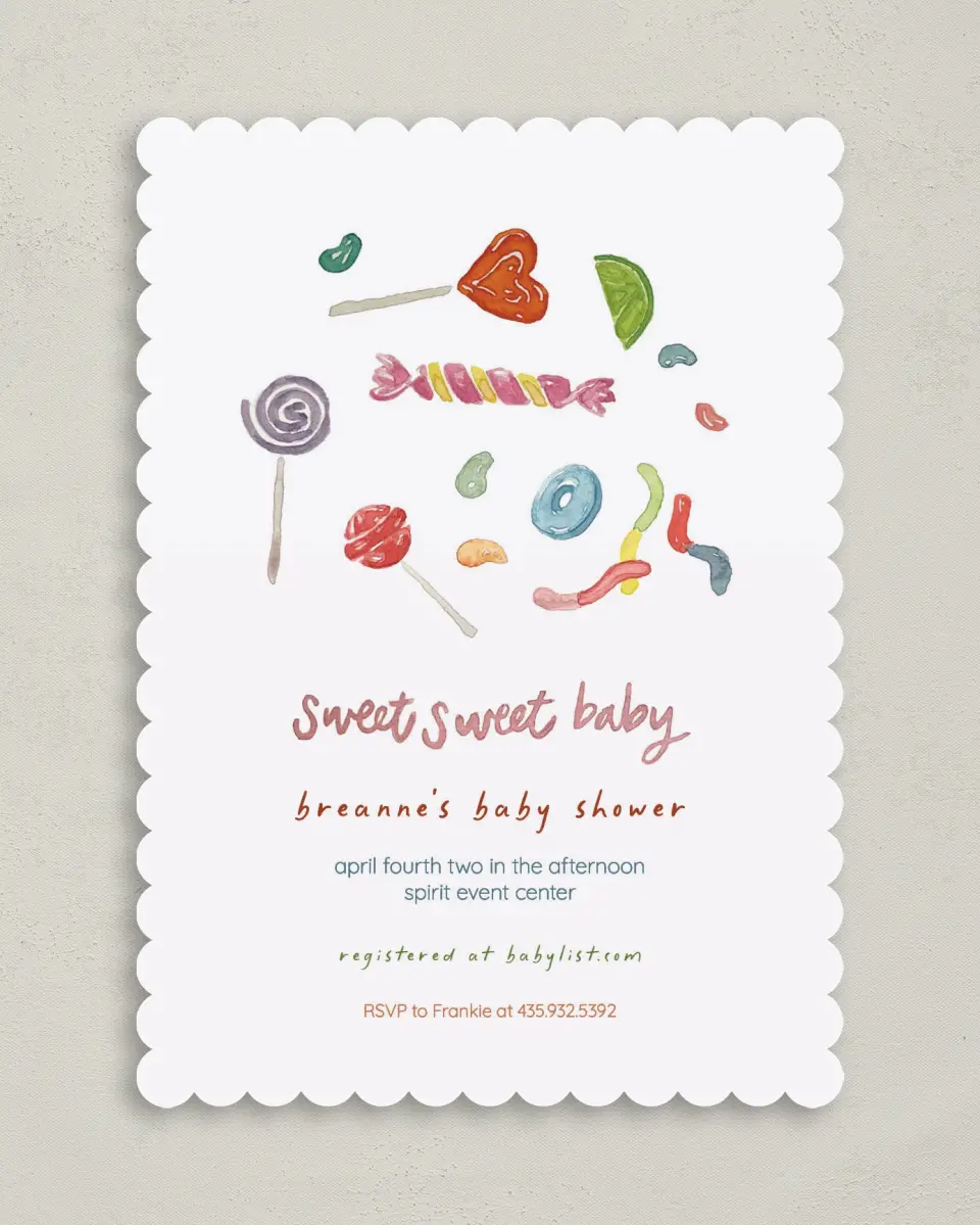 This is a 5" x 7" Baby Shower Invitation called Sweet Surprise printed in full color on Premium Smooth paper