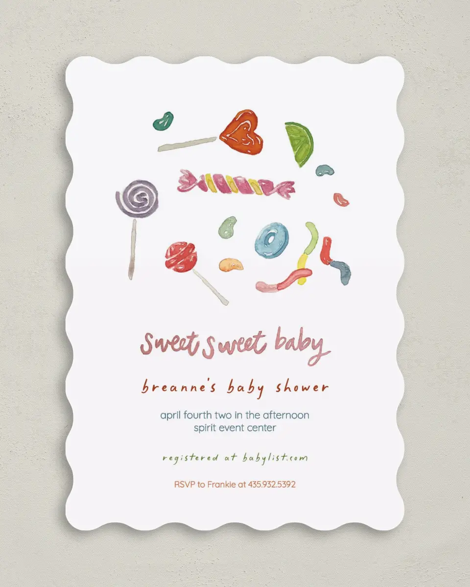 This is a 5" x 7" Baby Shower Invitation called Sweet Surprise printed in full color on Premium Smooth paper