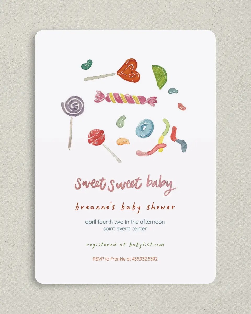 This is a 5" x 7" Baby Shower Invitation called Sweet Surprise printed in full color on Premium Smooth paper