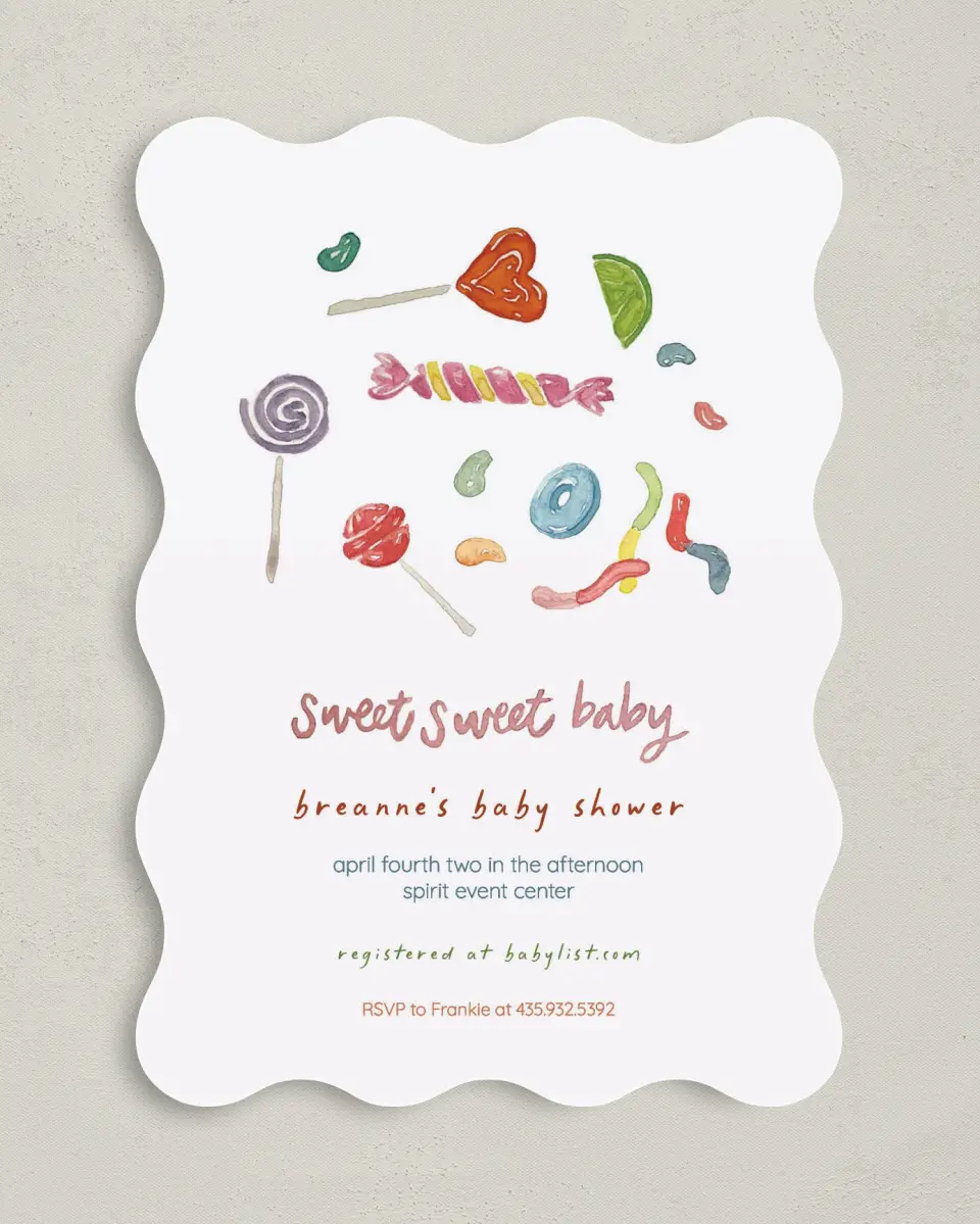 This is a 5" x 7" Baby Shower Invitation called Sweet Surprise printed in full color on Premium Smooth paper