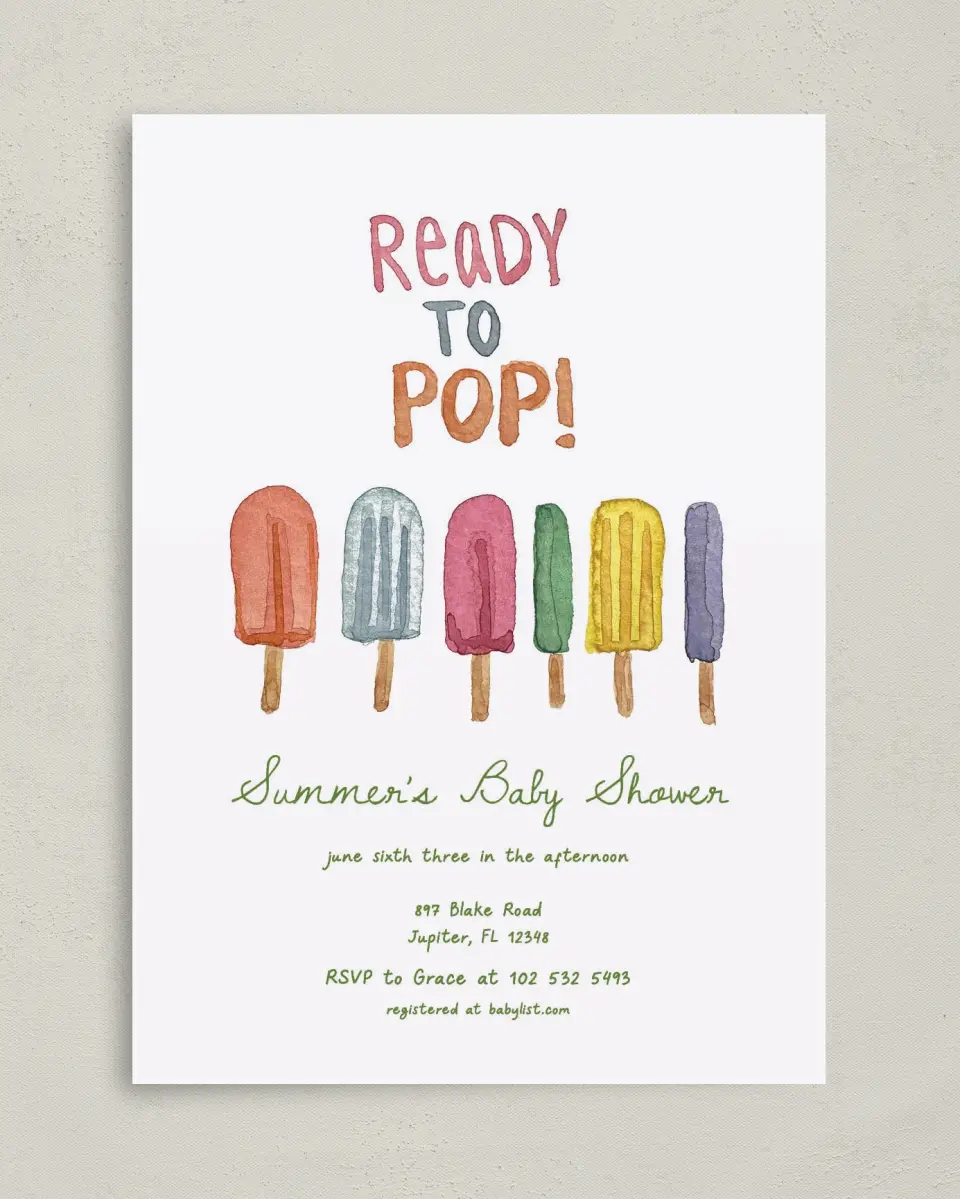 This is a 5" x 7" Baby Shower Invitation called Summer Showers printed in full color with Rose Gold foil on Luxe Satin (coated) paper