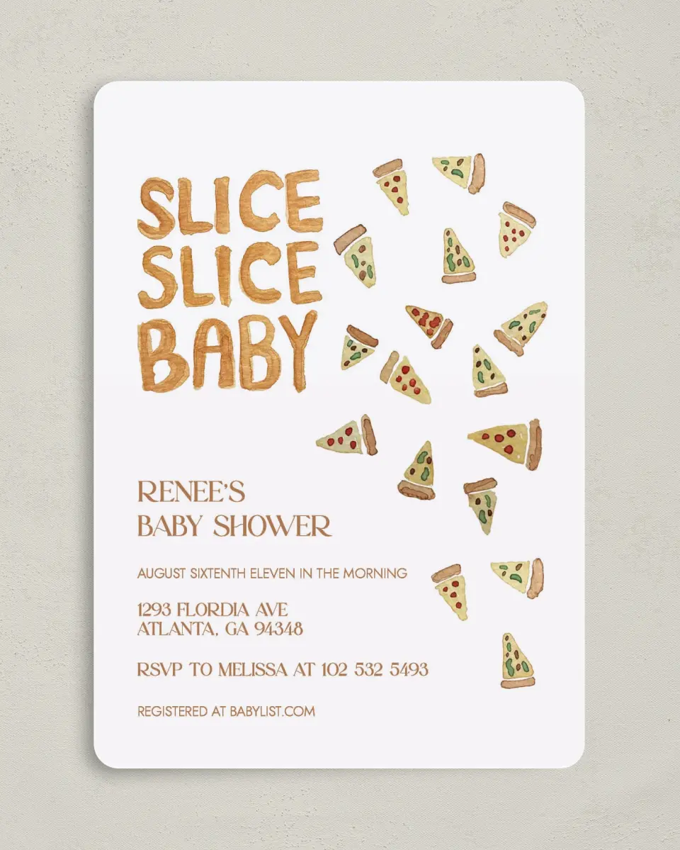 This is a 5" x 7" Baby Shower Invitation called A Piece of Us printed in full color on Premium Smooth paper