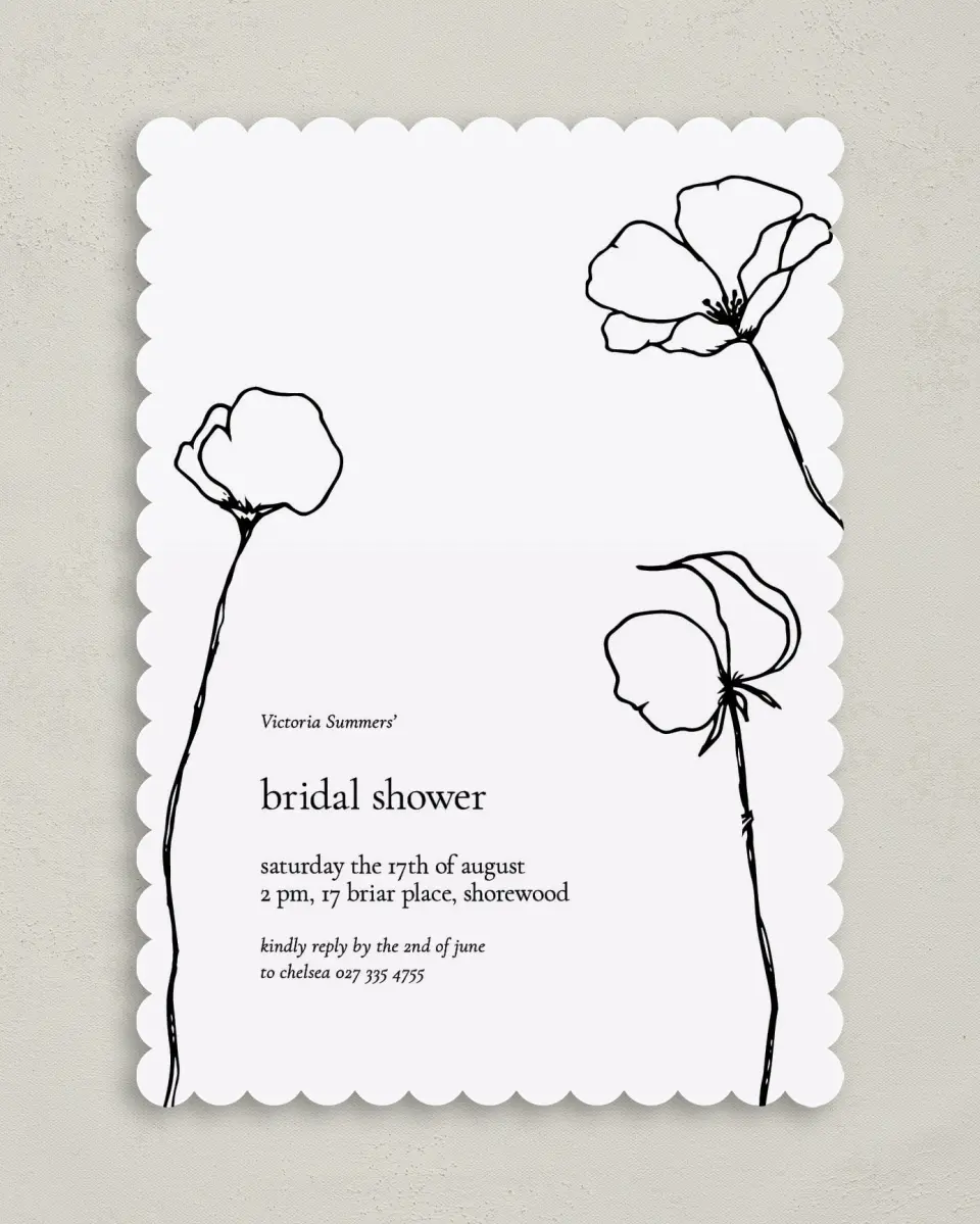This is a 5" x 7" Bridal Shower Invitation called Poppy Girl printed in full color on Premium Smooth paper