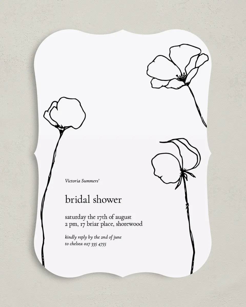 This is a 5" x 7" Bridal Shower Invitation called Poppy Girl printed in full color with Rose Gold foil on Luxe Satin (coated) paper