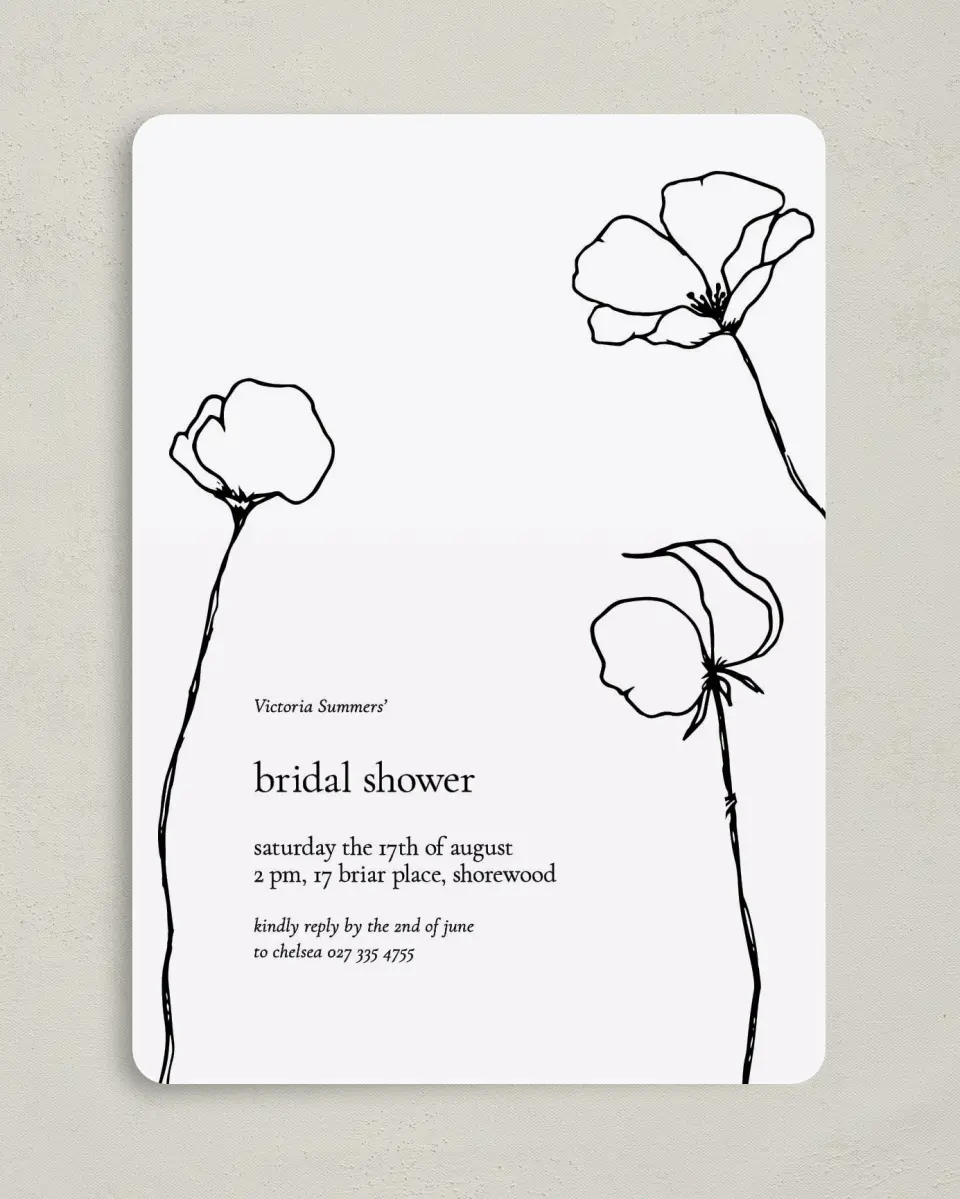 This is a 5" x 7" Bridal Shower Invitation called Poppy Girl printed in full color on Premium Smooth paper