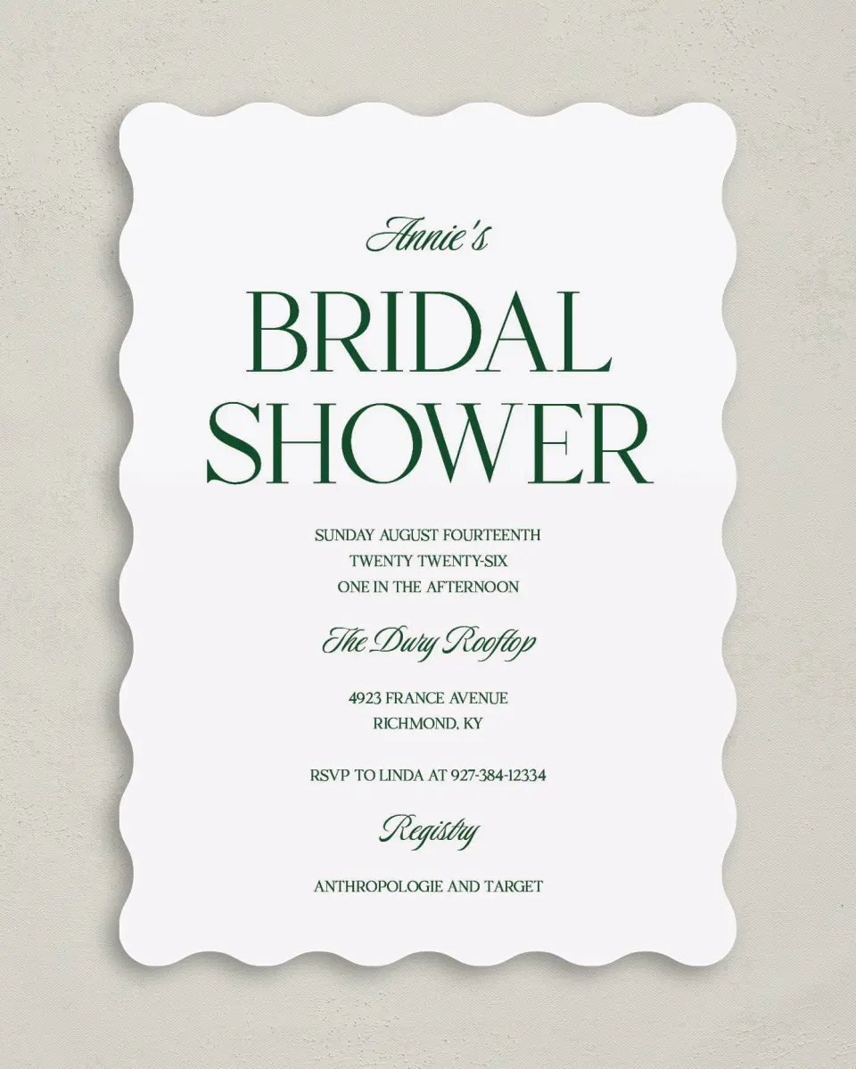 This is a 5" x 7" Bridal Shower Invitation called Fancy Lady printed in full color on Premium Smooth paper