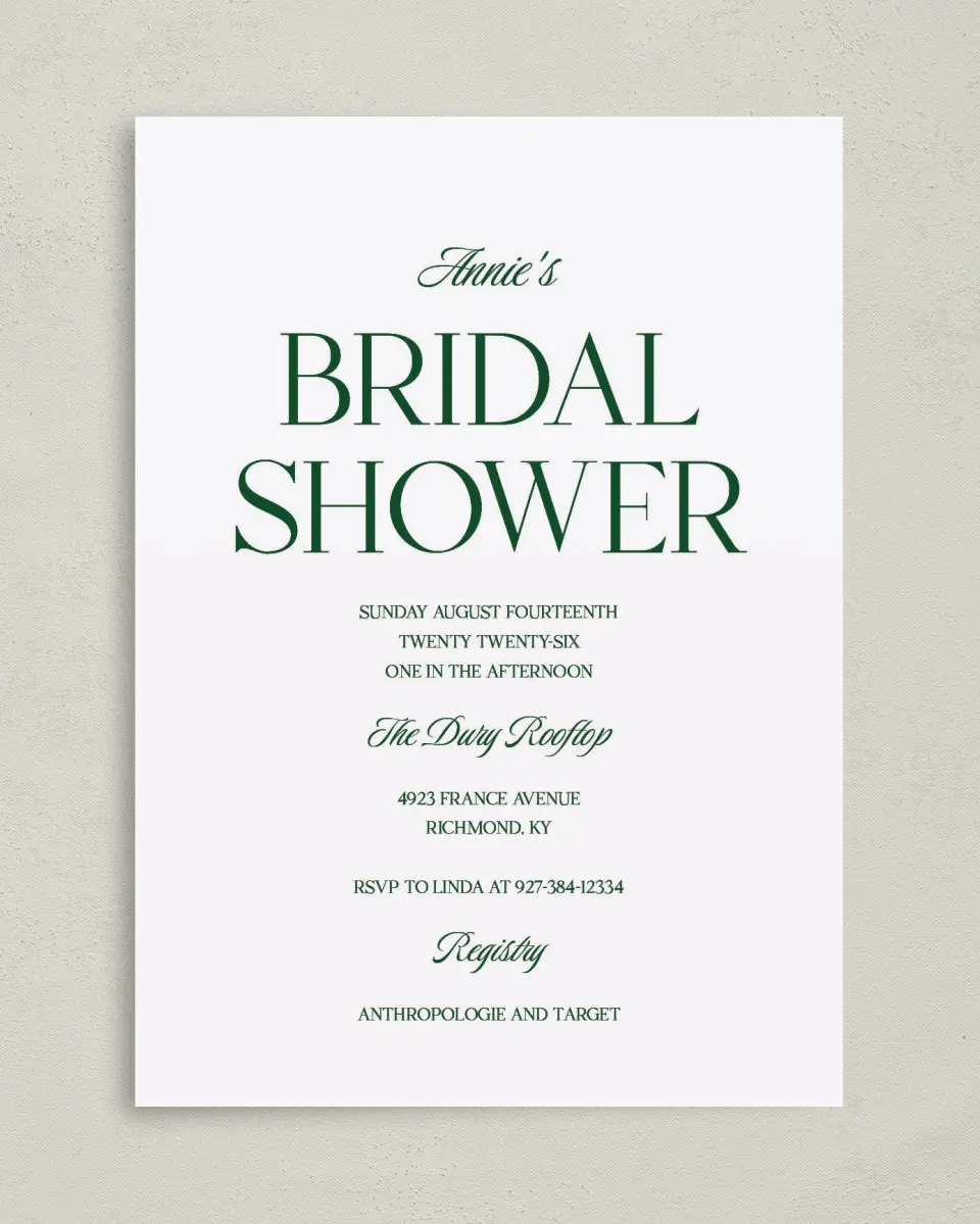 This is a 5" x 7" Bridal Shower Invitation called Fancy Lady printed in full color with Silver foil on Luxe Satin (coated) paper
