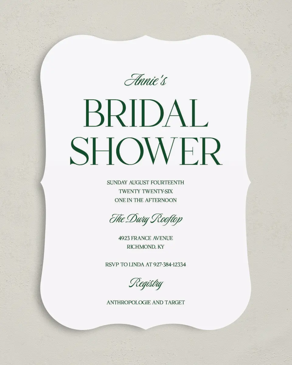 This is a 5" x 7" Bridal Shower Invitation called Fancy Lady printed in full color with Rose Gold foil on Luxe Satin (coated) paper