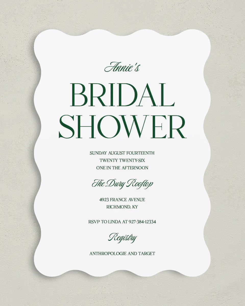 This is a 5" x 7" Bridal Shower Invitation called Fancy Lady printed in full color on Premium Smooth paper