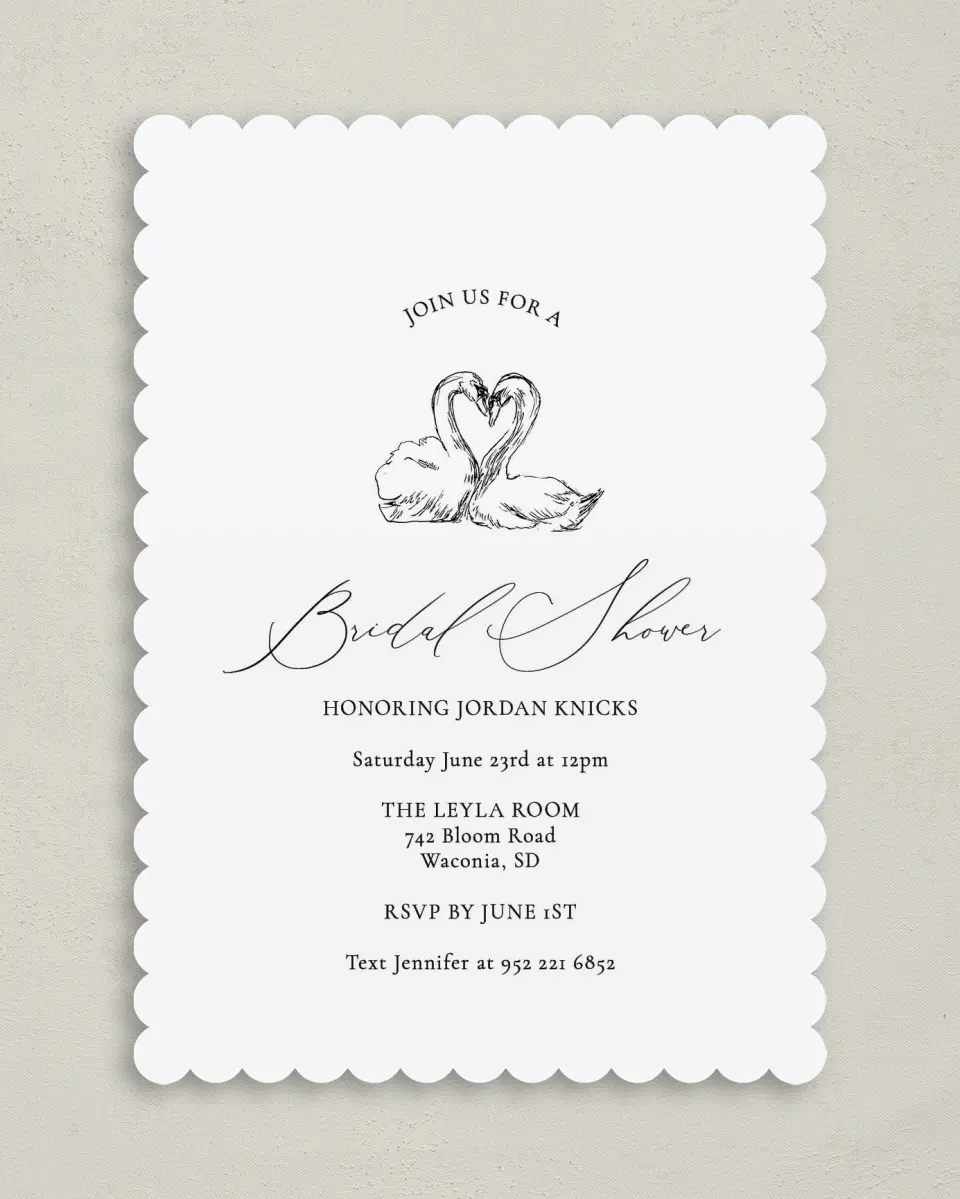 This is a 5" x 7" Bridal Shower Invitation called Stunning Swans printed in full color on Premium Smooth paper