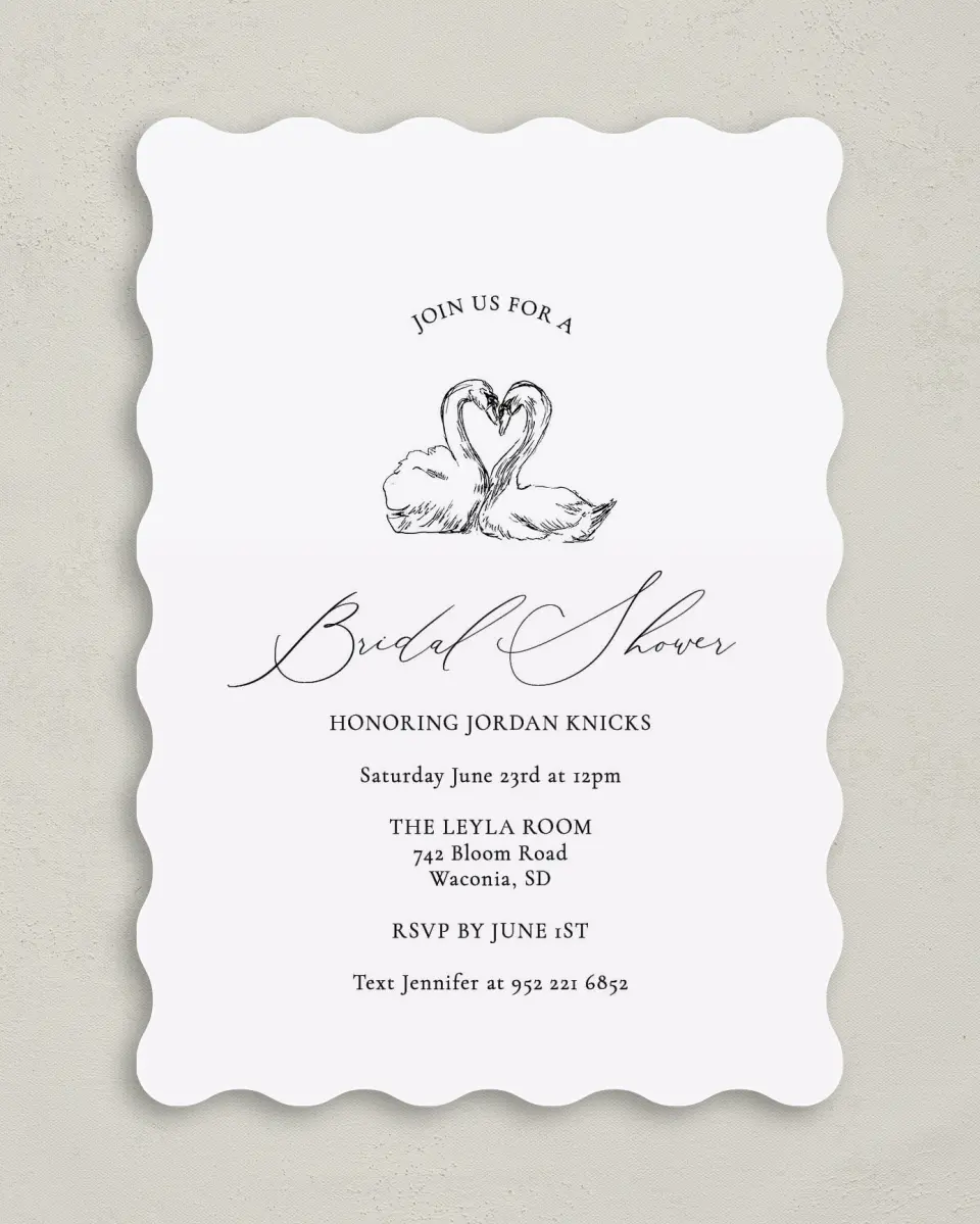 This is a 5" x 7" Bridal Shower Invitation called Stunning Swans printed in full color with Rose Gold foil on Luxe Satin (coated) paper