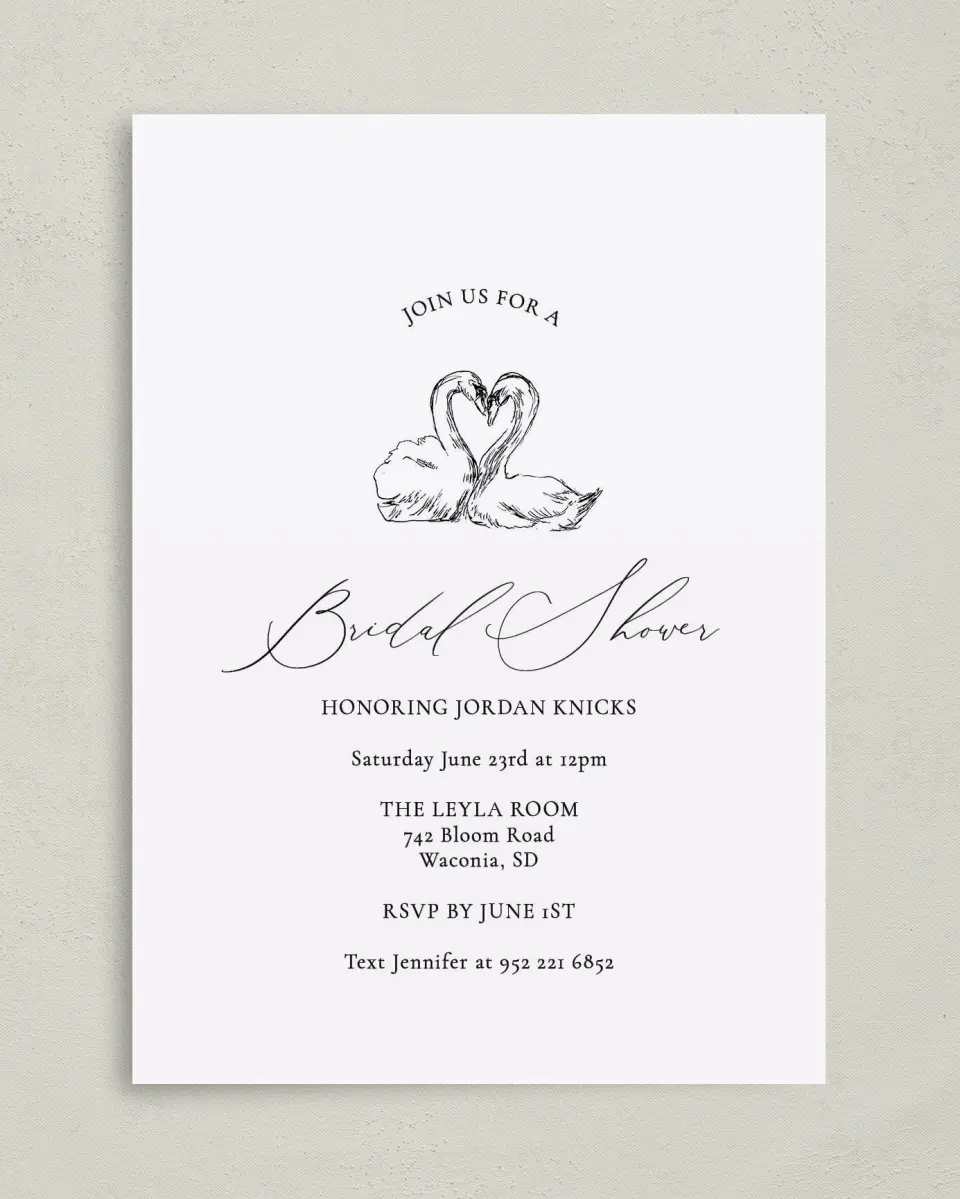 This is a 5" x 7" Bridal Shower Invitation called Stunning Swans printed in full color on Premium Smooth paper