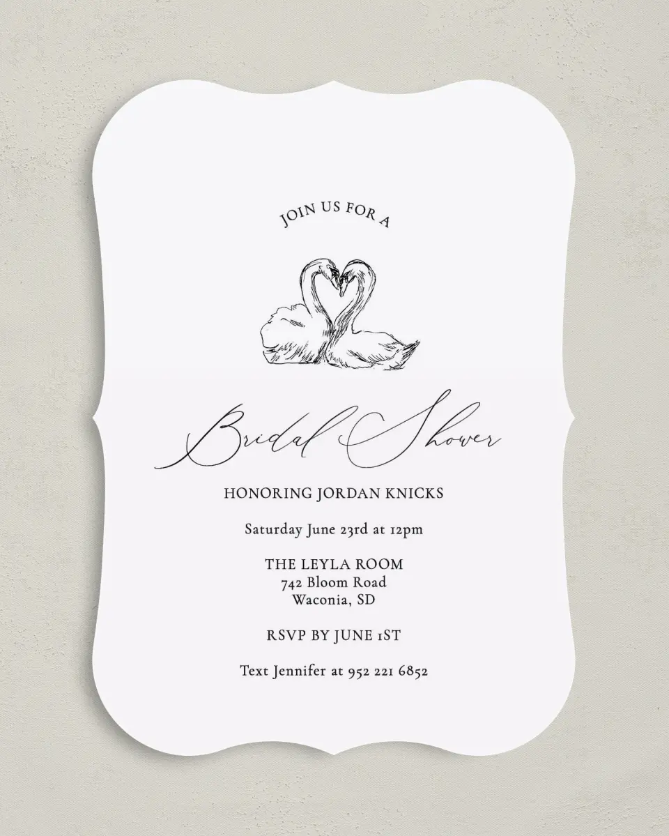This is a 5" x 7" Bridal Shower Invitation called Stunning Swans printed in full color with Rose Gold foil on Luxe Satin (coated) paper