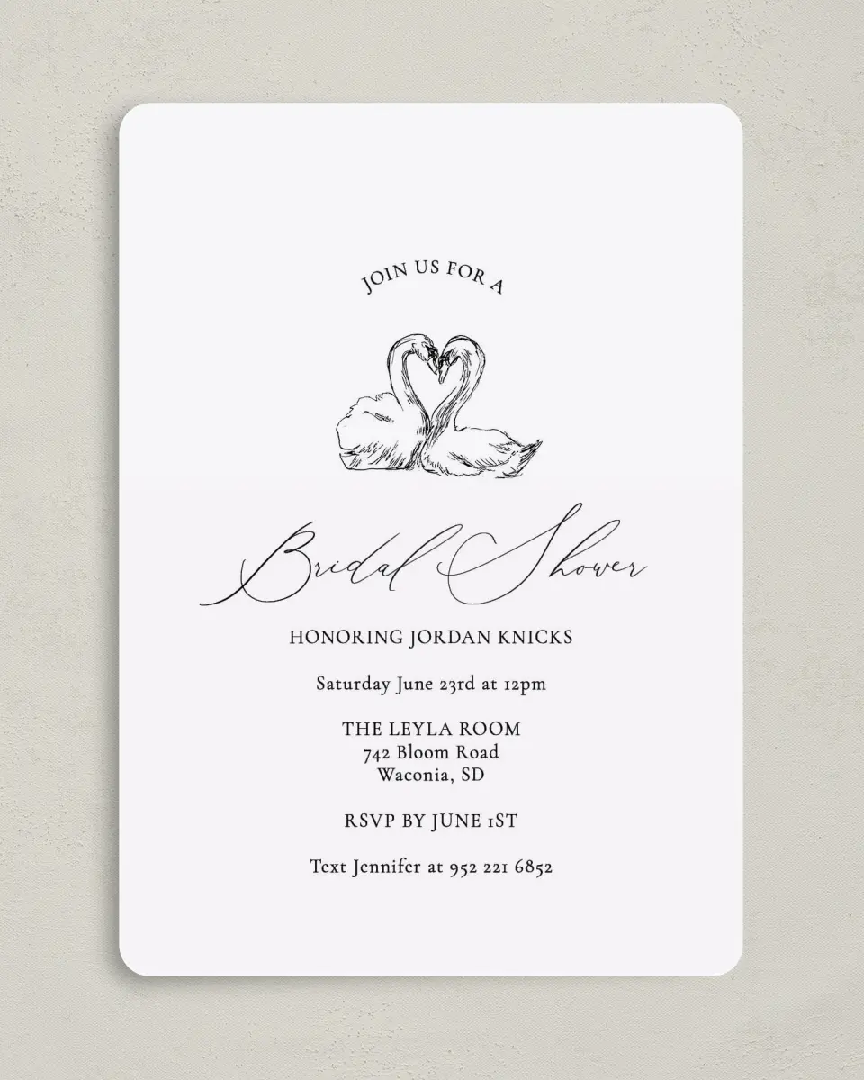 This is a 5" x 7" Bridal Shower Invitation called Stunning Swans printed in full color on Premium Smooth paper