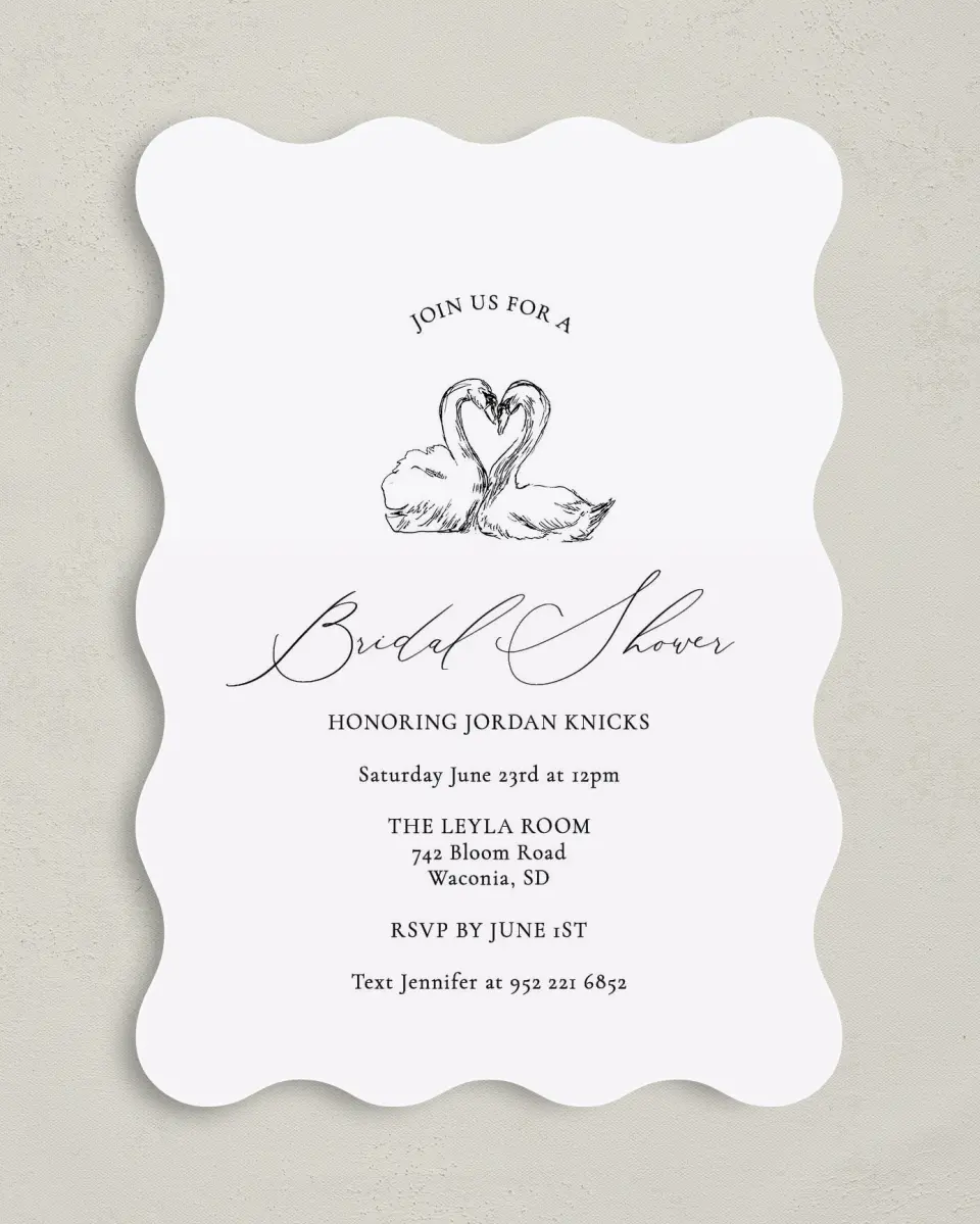 This is a 5" x 7" Bridal Shower Invitation called Stunning Swans printed in full color on Premium Smooth paper