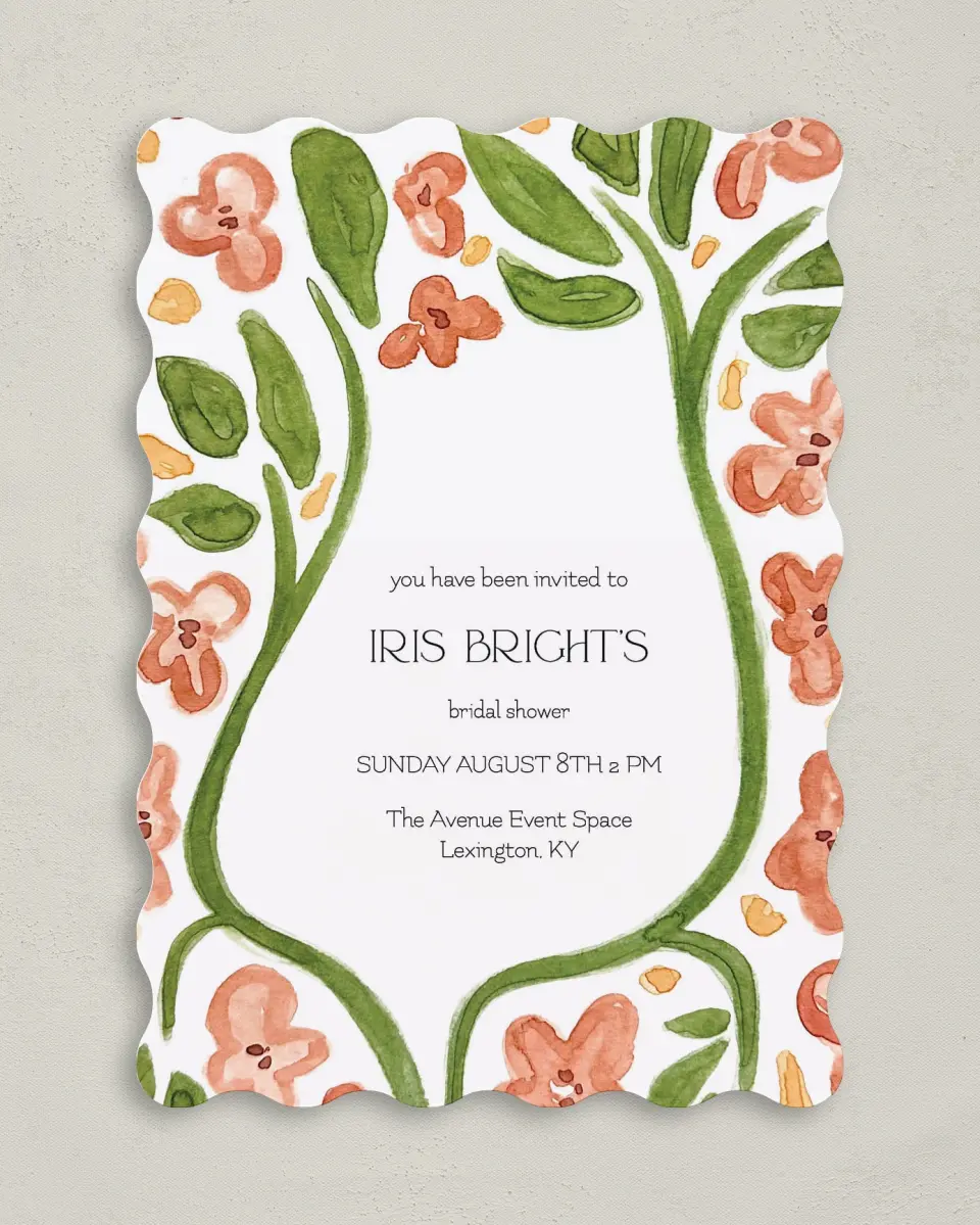 This is a 5" x 7" Bridal Shower Invitation called Budding Blooms printed in full color on Premium Smooth paper
