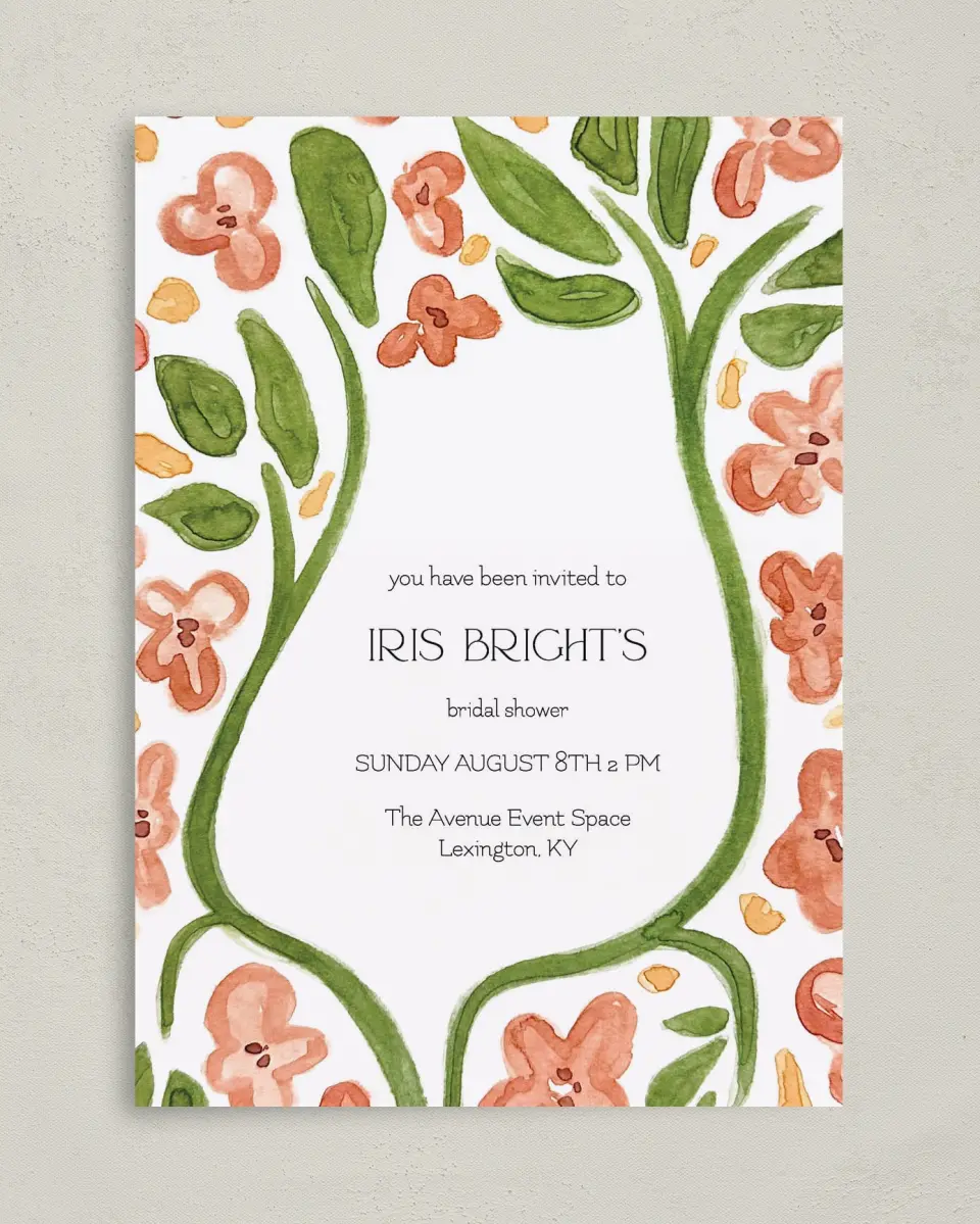 This is a 5" x 7" Bridal Shower Invitation called Budding Blooms printed in full color with Rose Gold foil on Luxe Satin (coated) paper