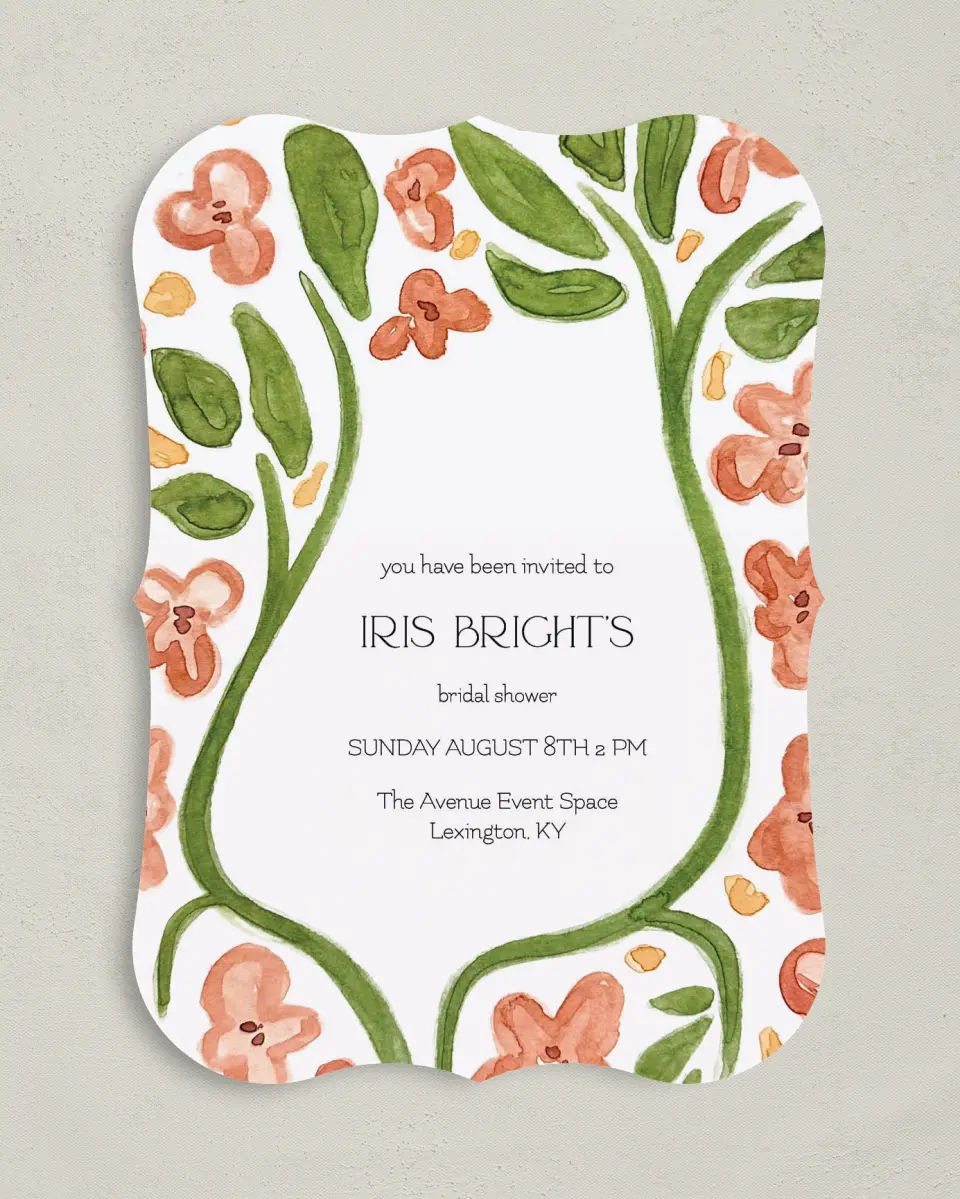 This is a 5" x 7" Bridal Shower Invitation called Budding Blooms printed in full color with Rose Gold foil on Luxe Satin (coated) paper