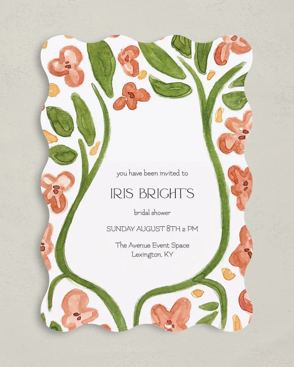 This is a 5" x 7" Bridal Shower Invitation called Budding Blooms printed in full color on Premium Smooth paper