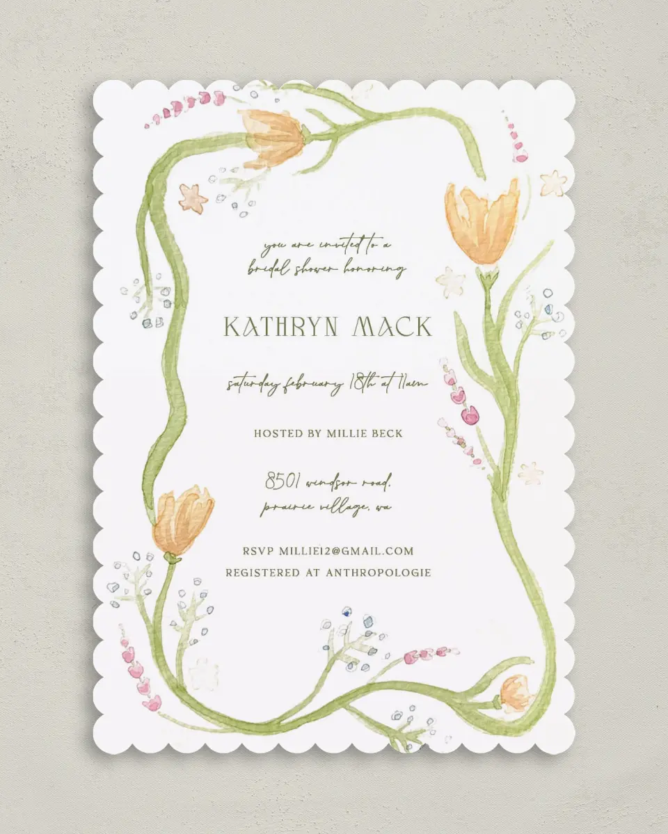This is a 5" x 7" Bridal Shower Invitation called Garden Party printed in full color on Premium Smooth paper
