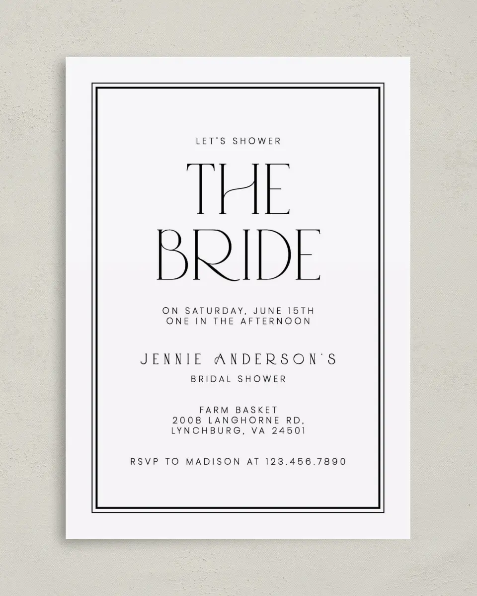 This is a 5" x 7" Bridal Shower Invitation called Clean and Classy printed in full color with Gold foil on Luxe Satin (coated) paper