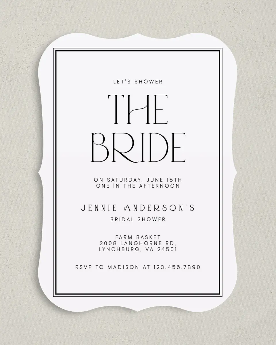 This is a 5" x 7" Bridal Shower Invitation called Clean and Classy printed in full color with Rose Gold foil on Luxe Satin (coated) paper
