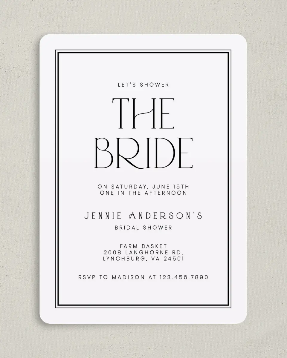 This is a 5" x 7" Bridal Shower Invitation called Clean and Classy printed in full color on Premium Smooth paper