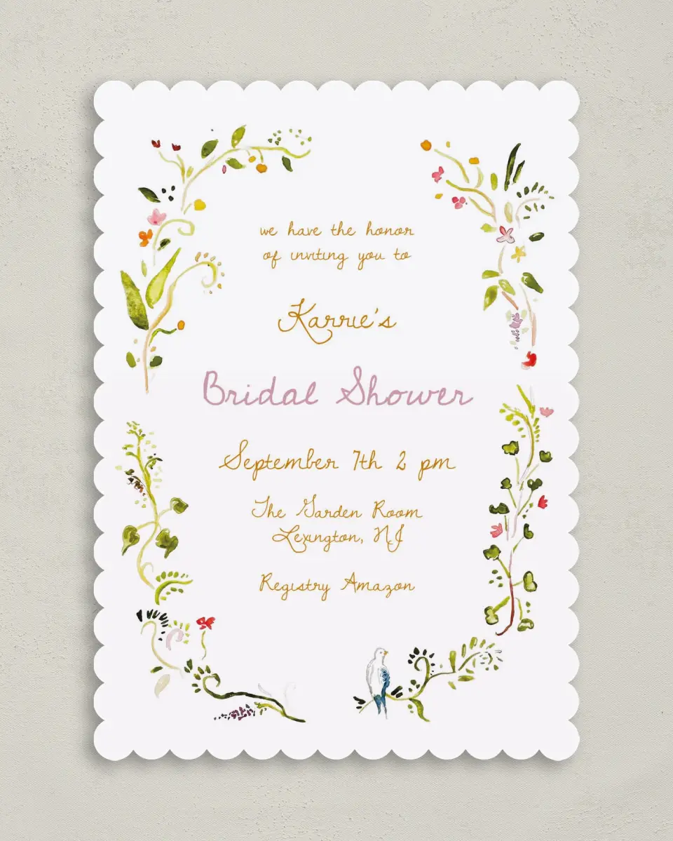 This is a 5" x 7" Bridal Shower Invitation called Fairy Garden printed in full color on Premium Smooth paper