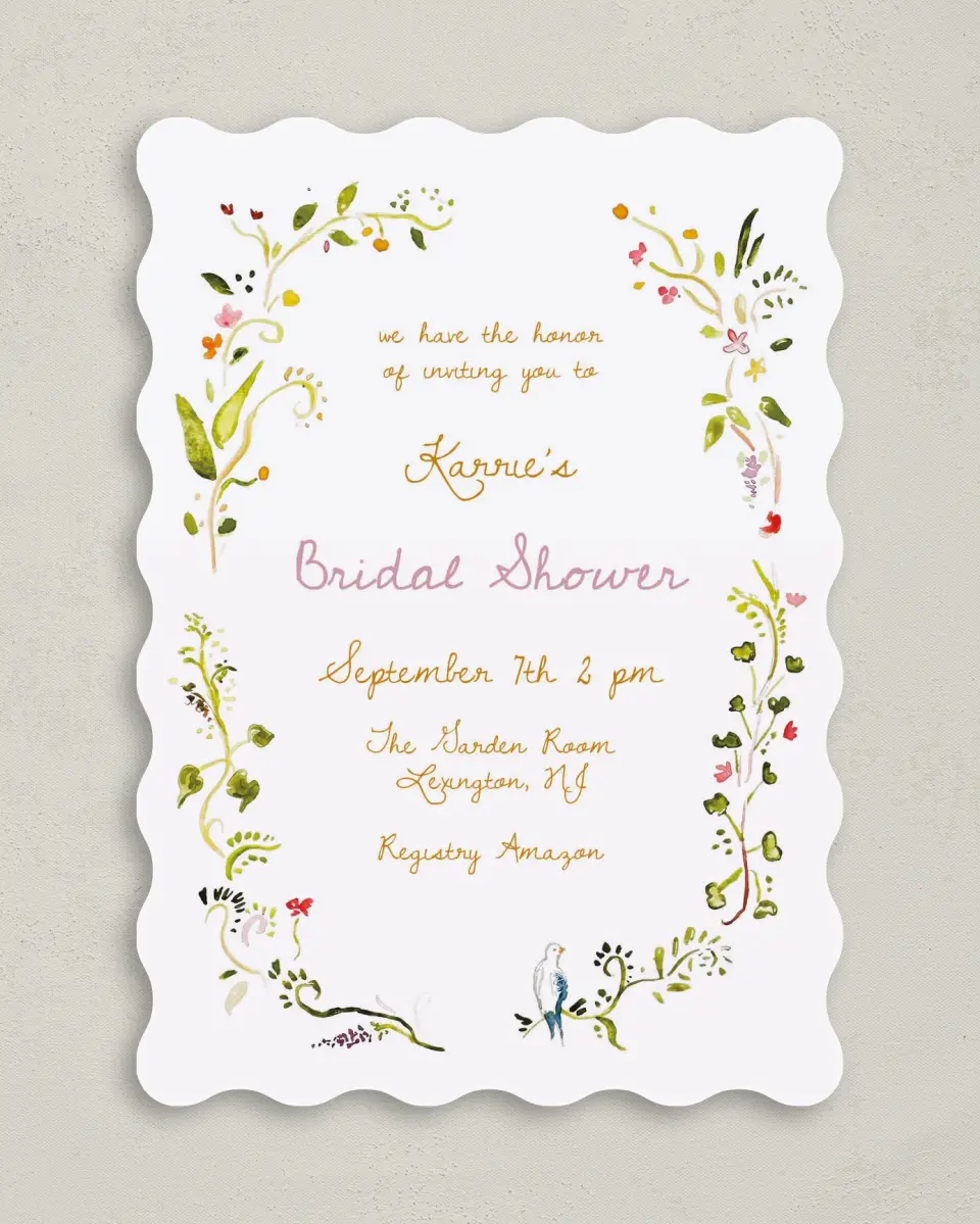 This is a 5" x 7" Bridal Shower Invitation called Fairy Garden printed in full color on Premium Smooth paper