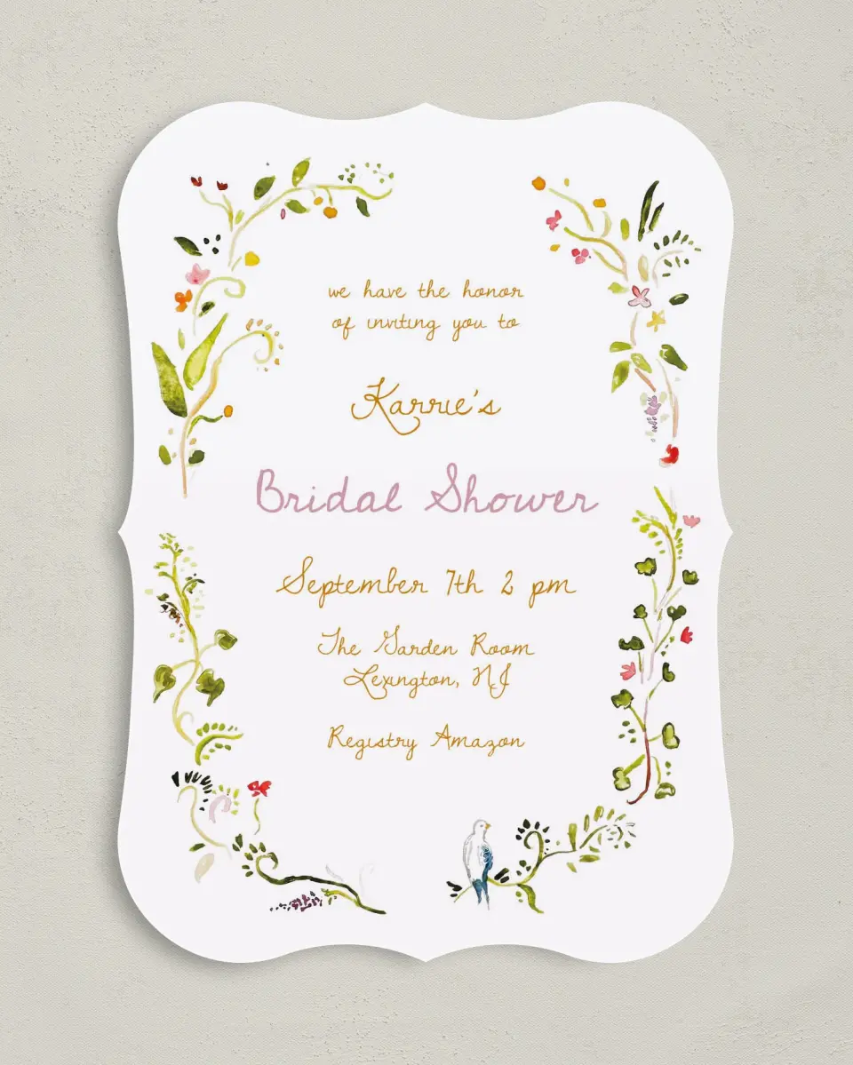 This is a 5" x 7" Bridal Shower Invitation called Fairy Garden printed in full color with Rose Gold foil on Luxe Satin (coated) paper