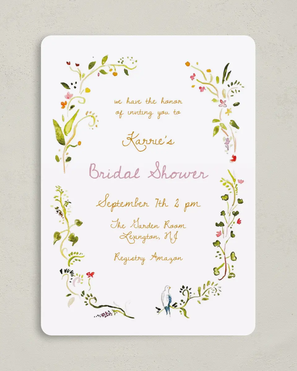 This is a 5" x 7" Bridal Shower Invitation called Fairy Garden printed in full color on Premium Smooth paper
