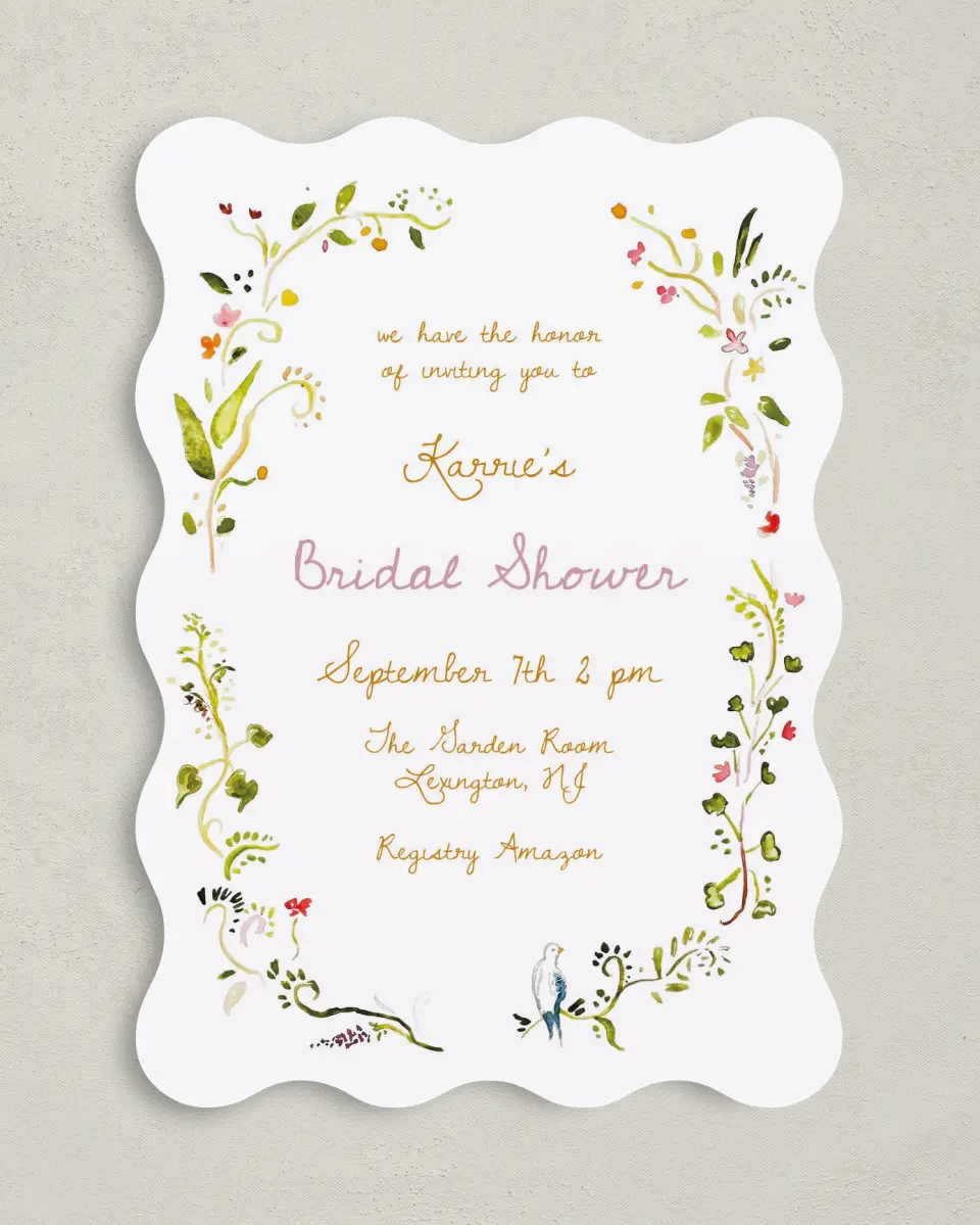 This is a 5" x 7" Bridal Shower Invitation called Fairy Garden printed in full color with Gold foil on Luxe Satin (coated) paper