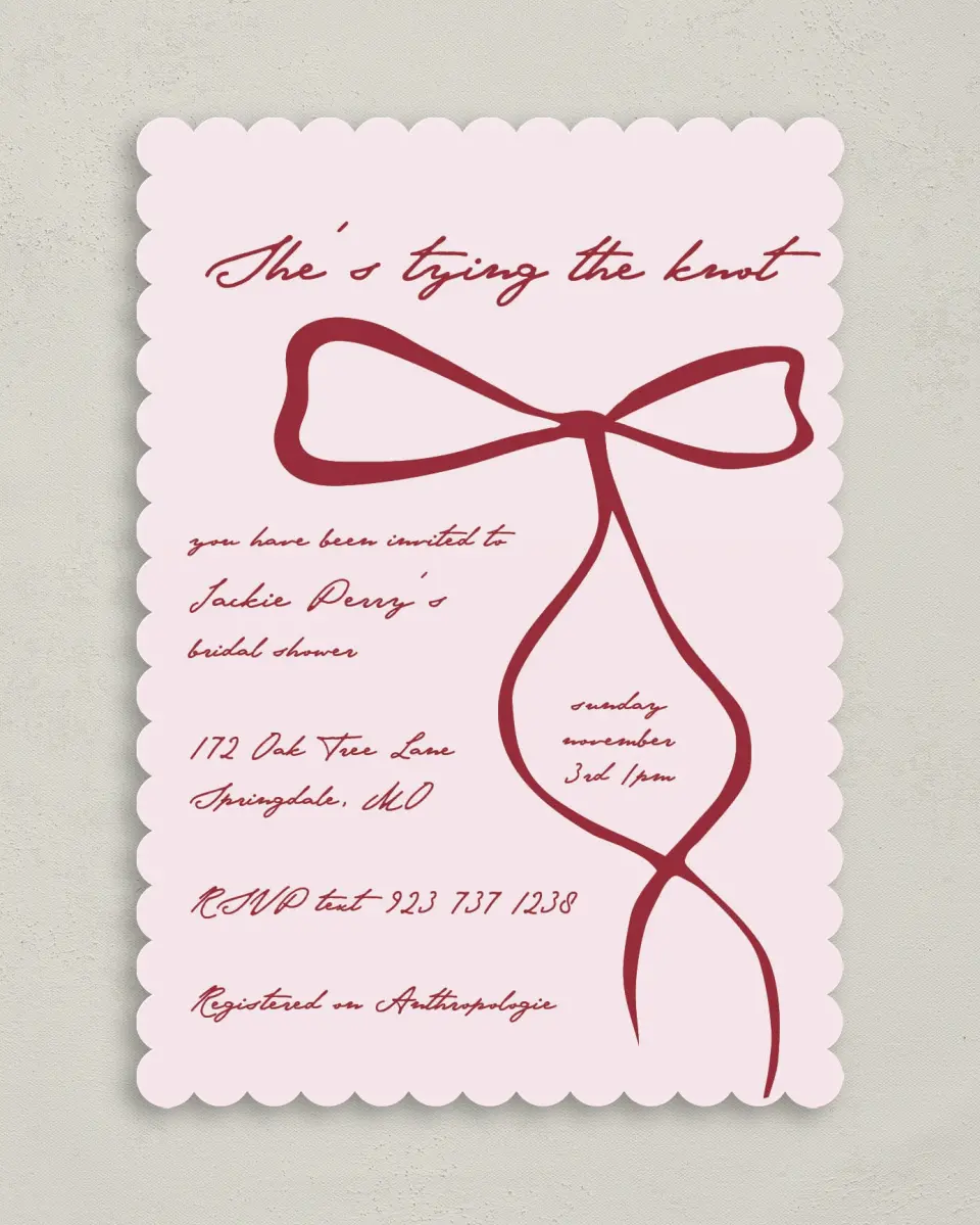This is a 5" x 7" Bridal Shower Invitation called Tied the Knot printed in full color on Premium Smooth paper