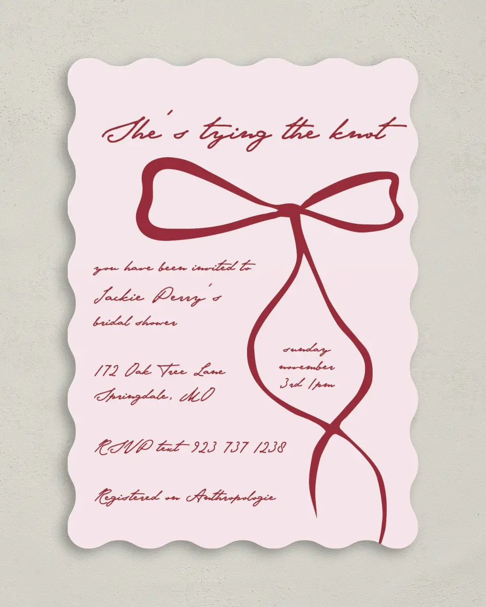 This is a 5" x 7" Bridal Shower Invitation called Tied the Knot printed in full color on Premium Smooth paper