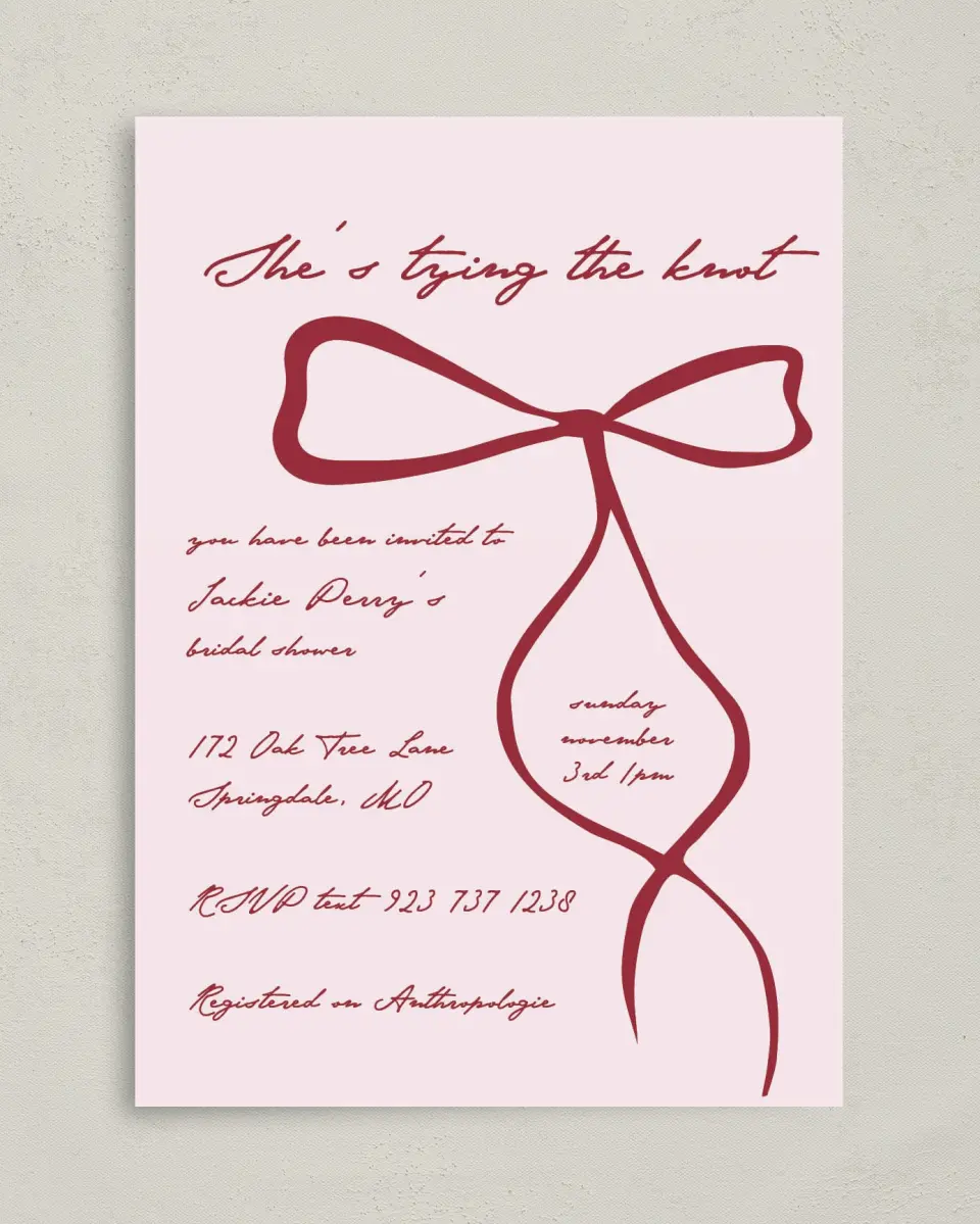 This is a 5" x 7" Bridal Shower Invitation called Tied the Knot printed in full color on Premium Smooth paper