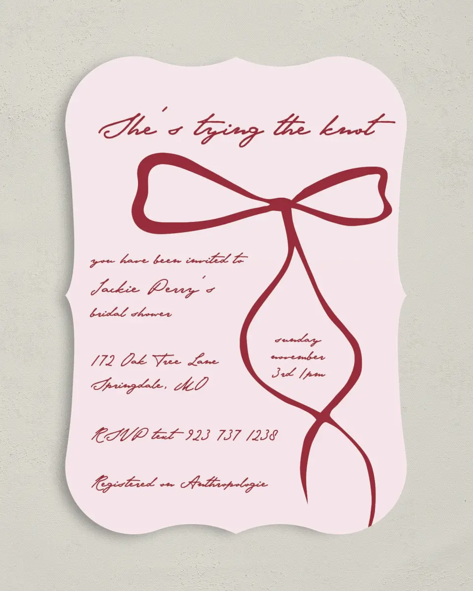 This is a 5" x 7" Bridal Shower Invitation called Tied the Knot printed in full color with Rose Gold foil on Luxe Satin (coated) paper