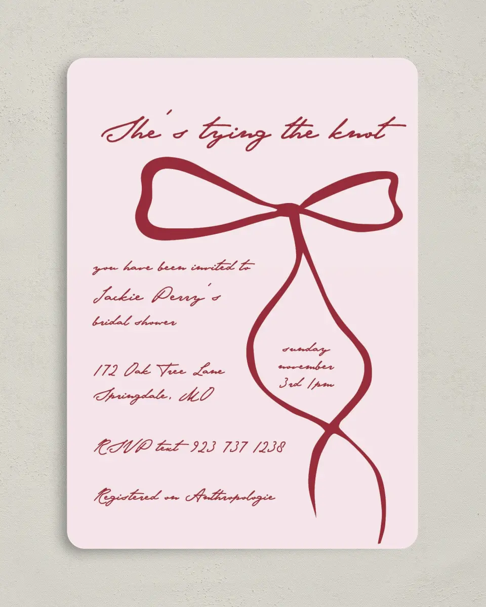 This is a 5" x 7" Bridal Shower Invitation called Tied the Knot printed in full color with Silver foil on Luxe Satin (coated) paper